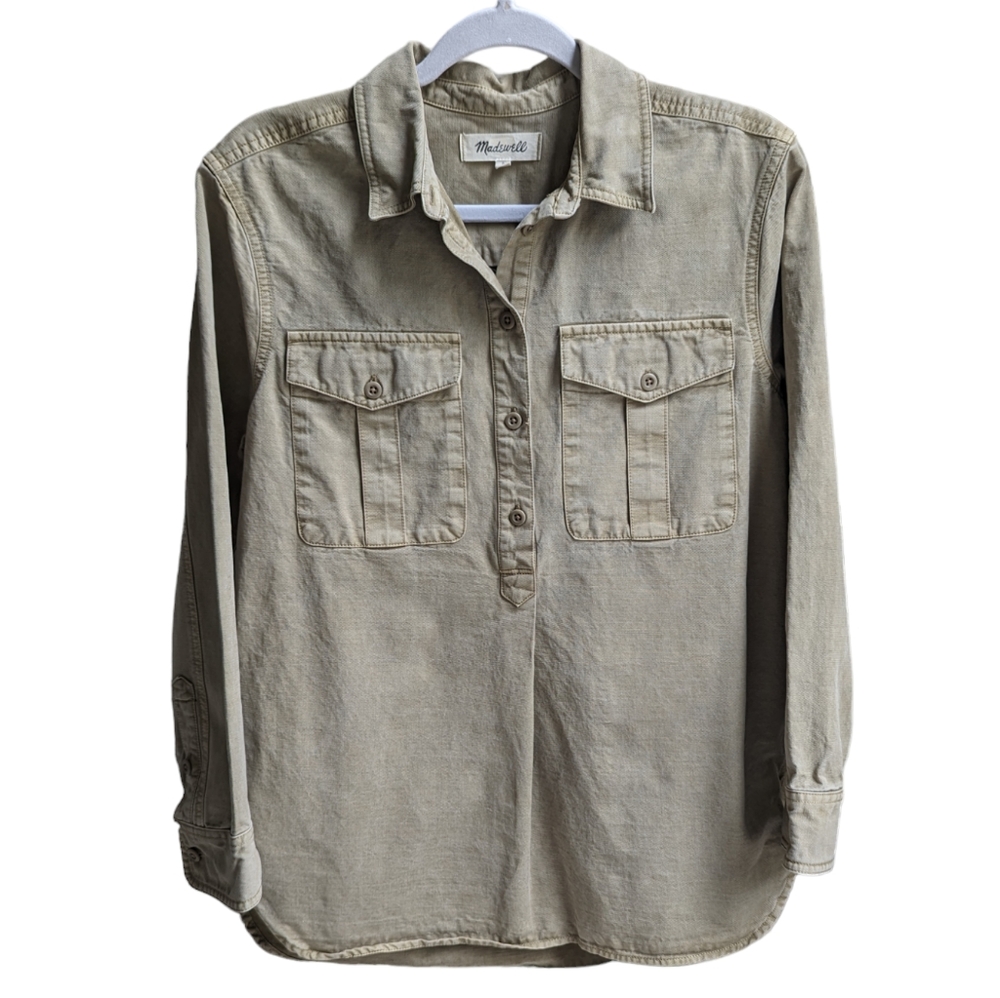 Madewell Military Popover Shirt Long Sleeves Ash Green Beige Tunic Top Size S